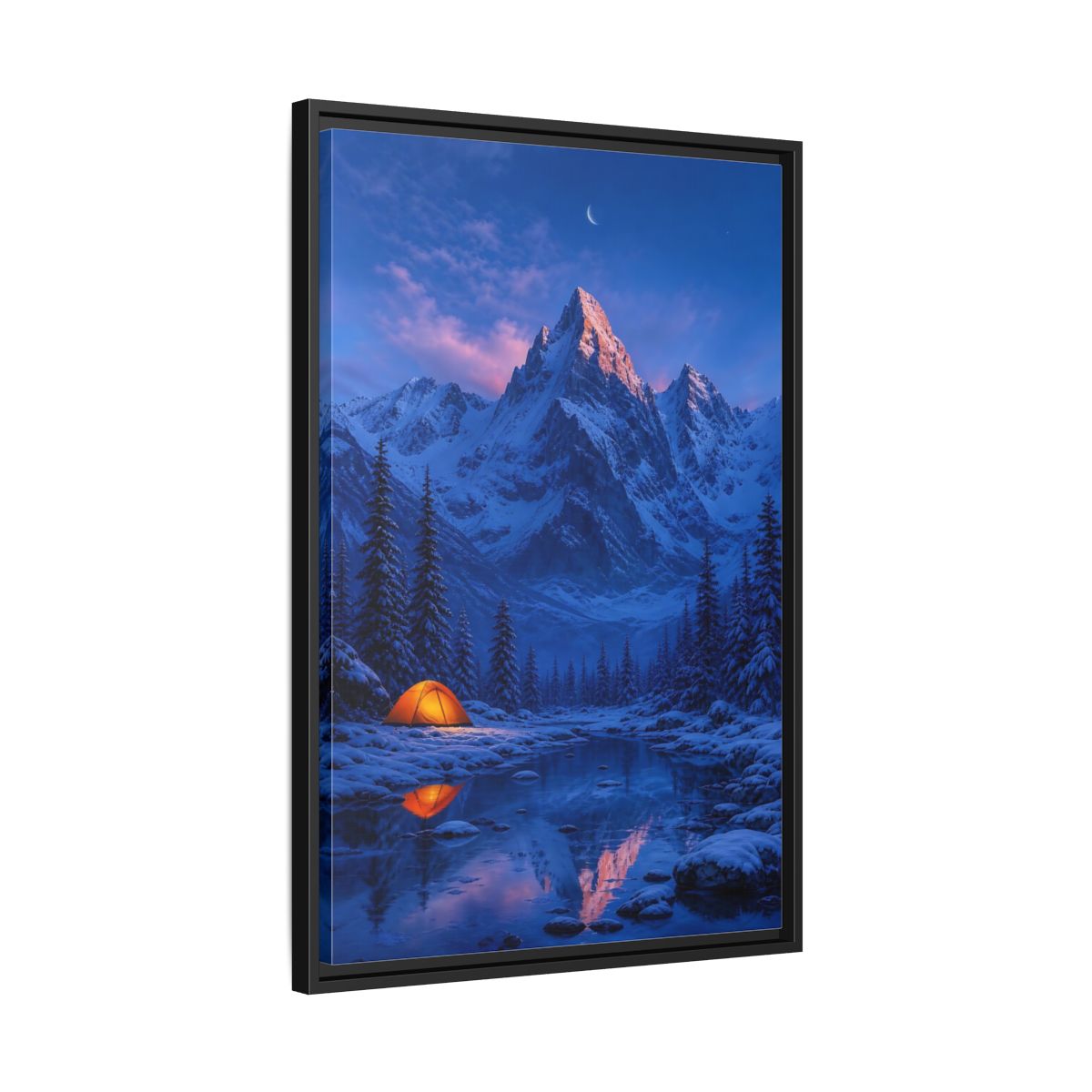 Side Mockup 14. Moonlit Mountain Camp shown as framed canvas print