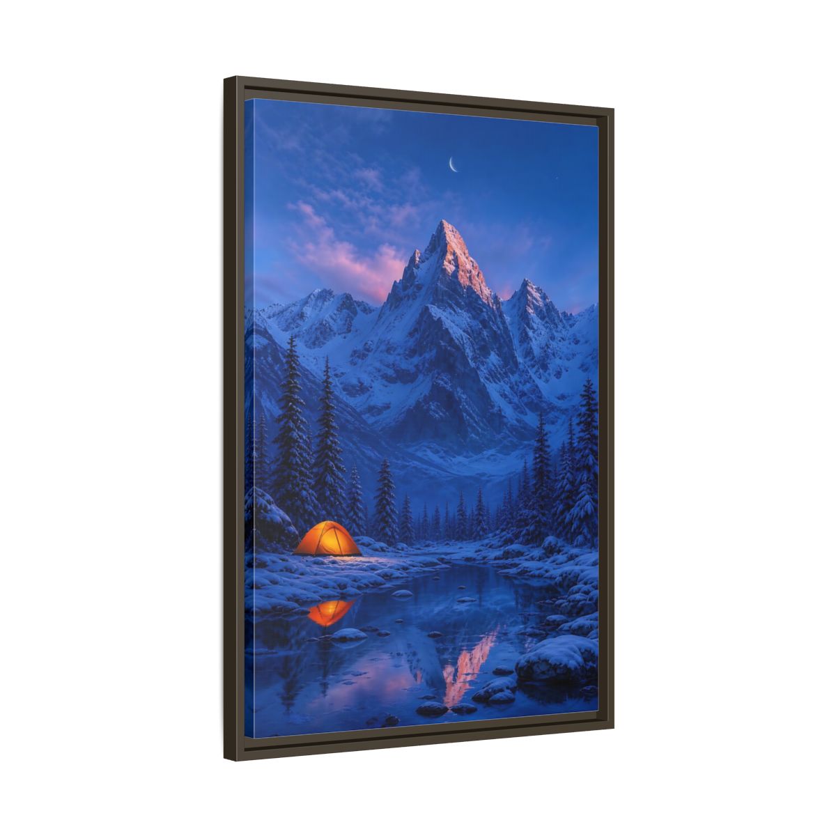 Side Mockup 11. Moonlit Mountain Camp shown as framed canvas print