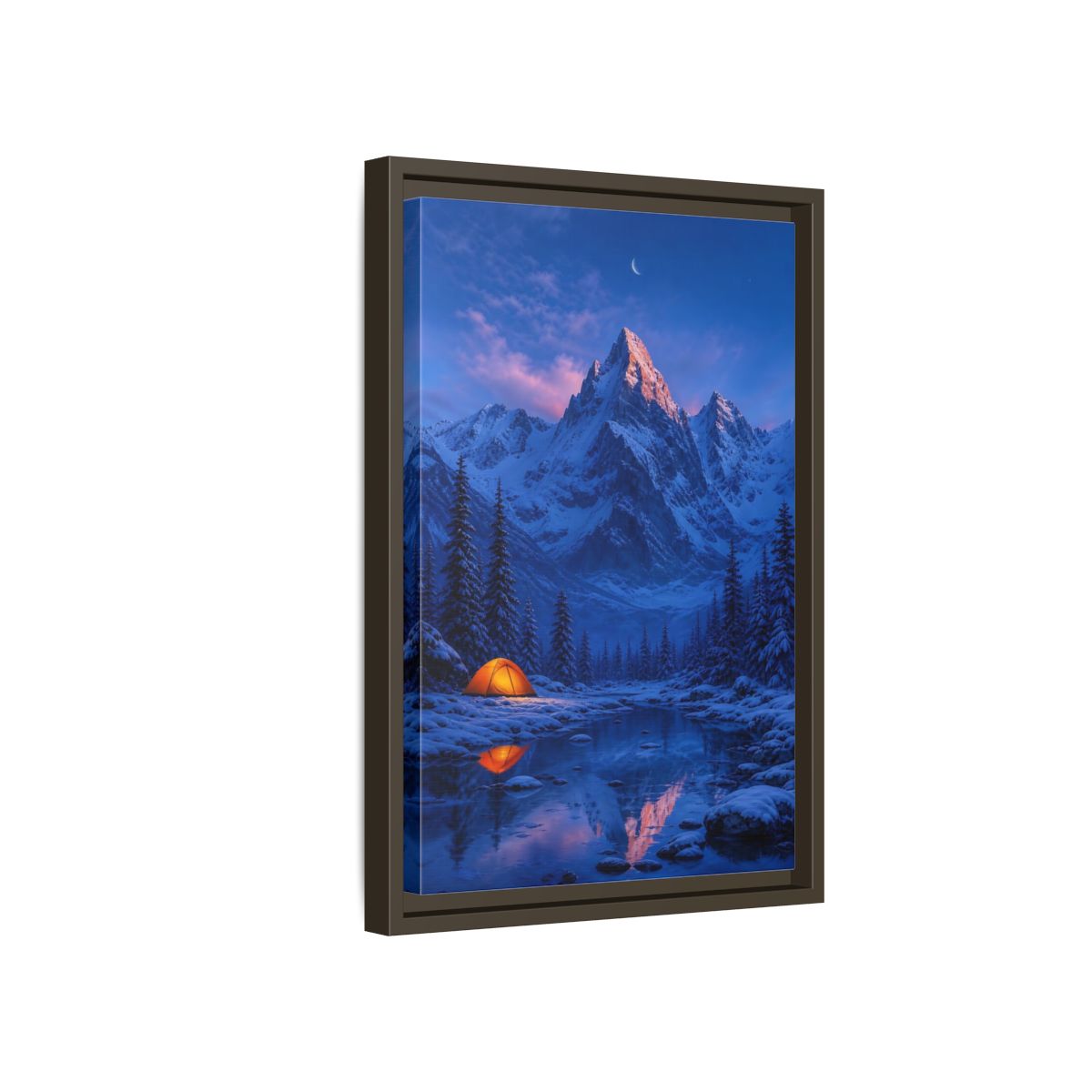 Side Mockup 5. Moonlit Mountain Camp shown as framed canvas print