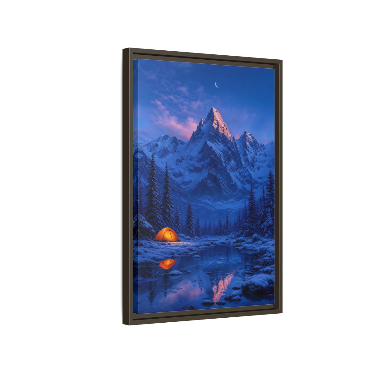 Side Mockup 2. Moonlit Mountain Camp shown as framed canvas print