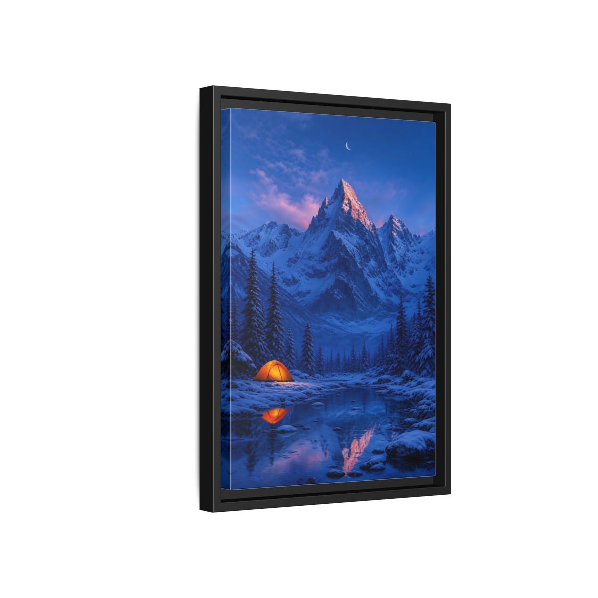 Side Mockup 6. Moonlit Mountain Camp shown as framed canvas print