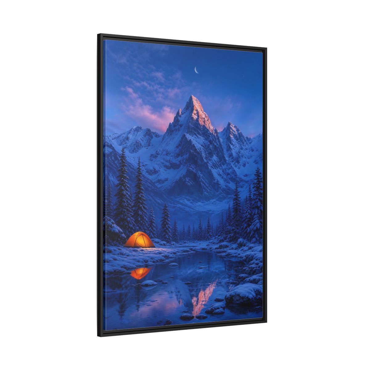 Side Mockup 12. Moonlit Mountain Camp shown as framed canvas print