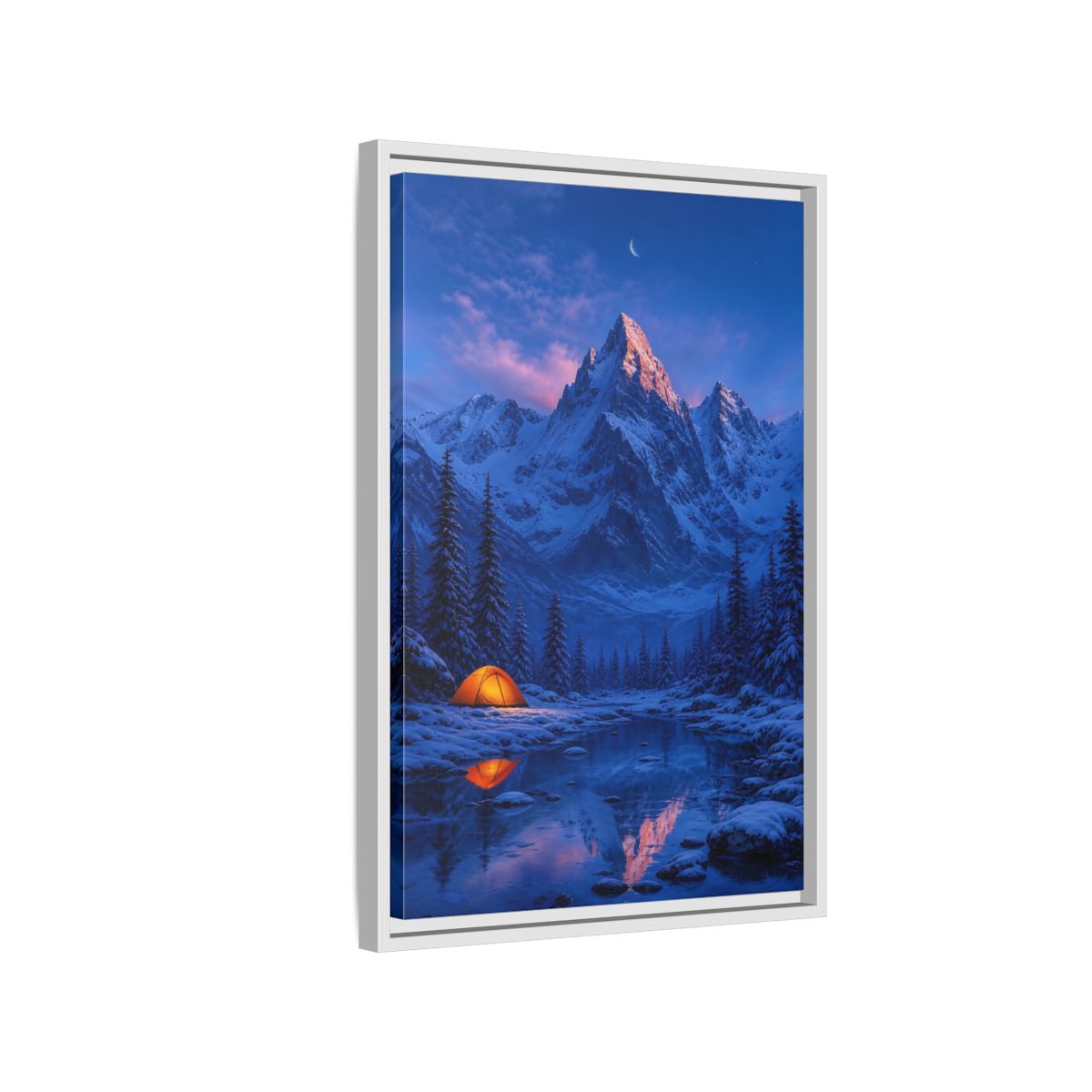 Side Mockup 1. Moonlit Mountain Camp shown as framed canvas print