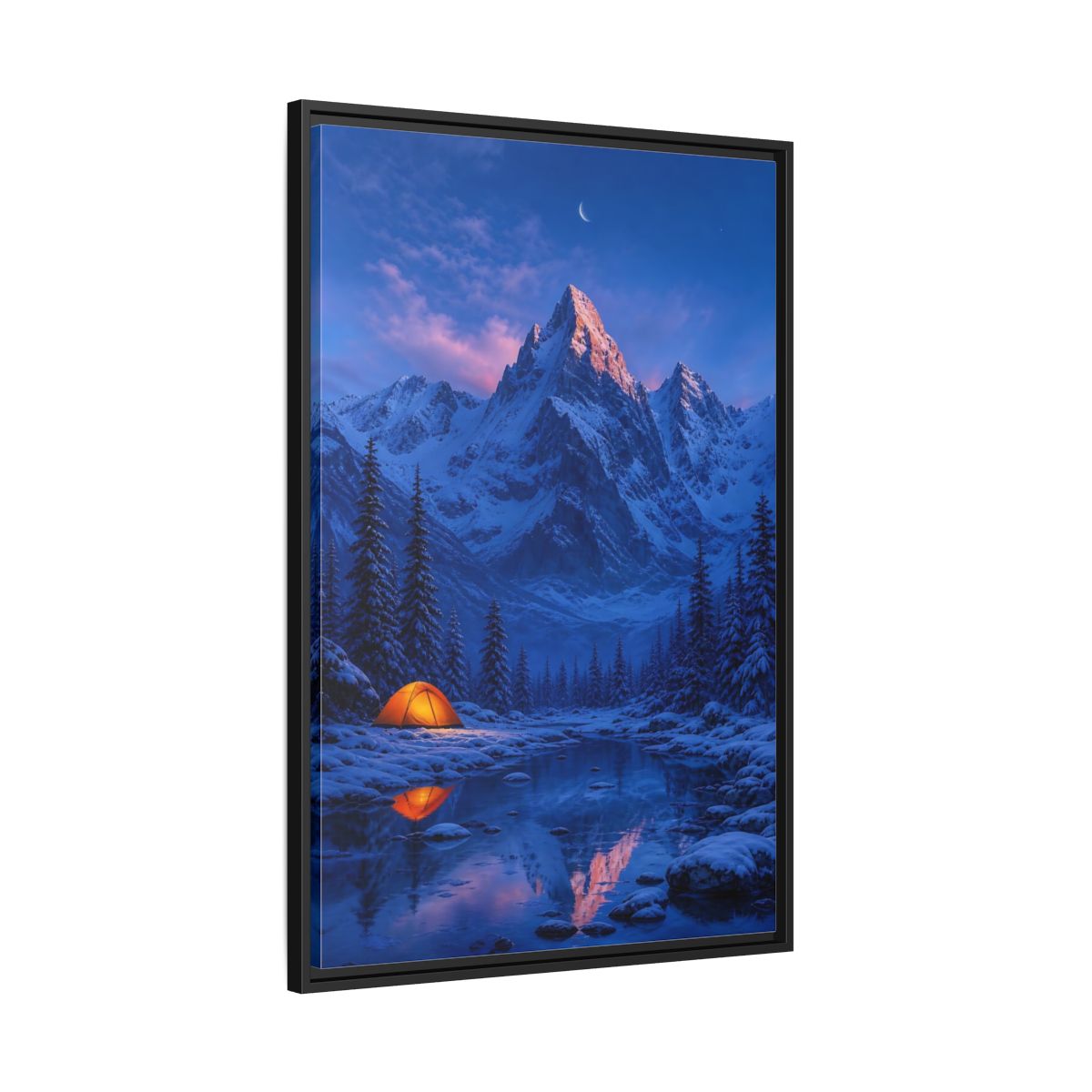 Side Mockup 13. Moonlit Mountain Camp shown as framed canvas print