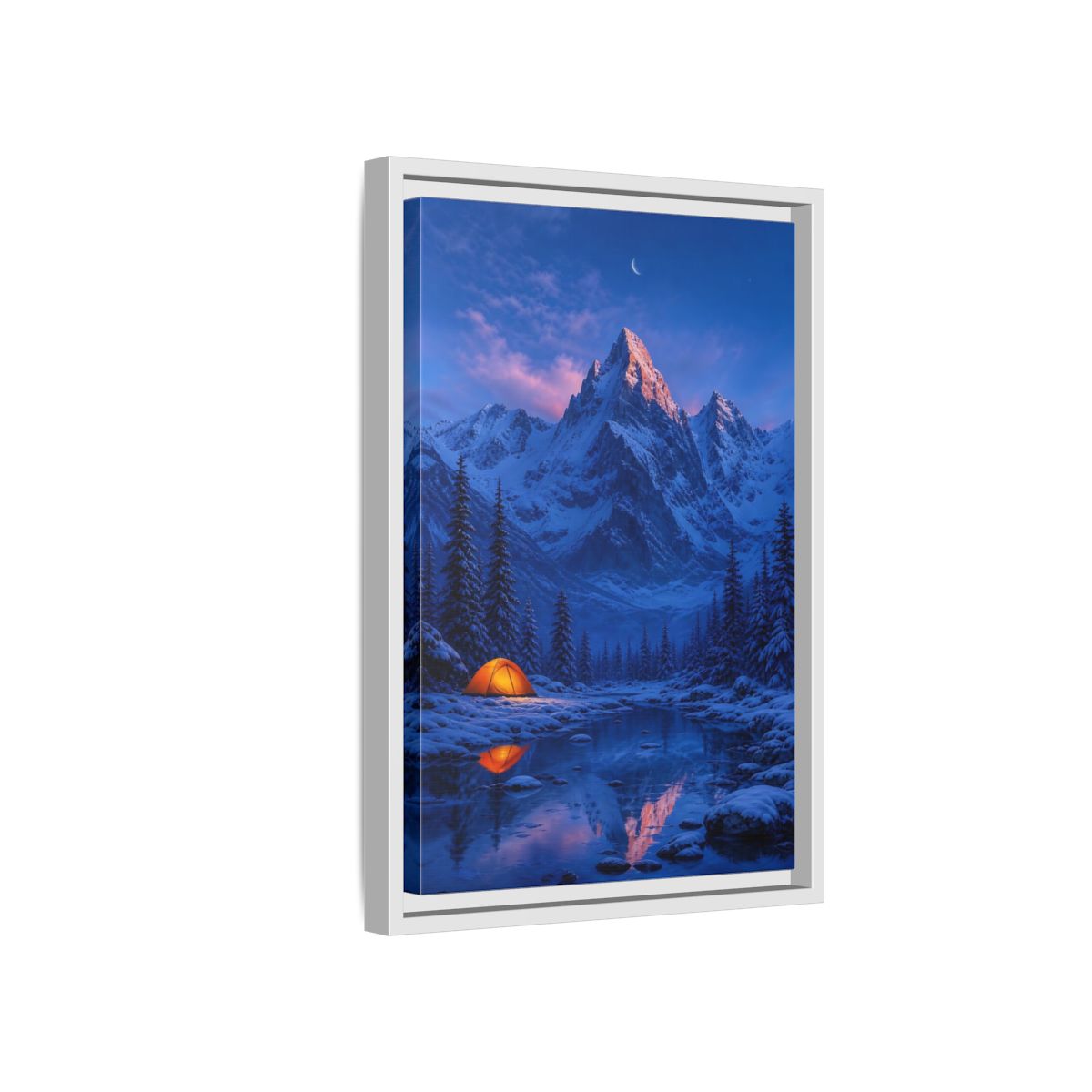 Side Mockup 4. Moonlit Mountain Camp shown as framed canvas print