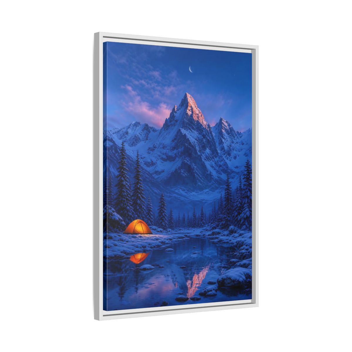 Side Mockup 10. Moonlit Mountain Camp shown as framed canvas print