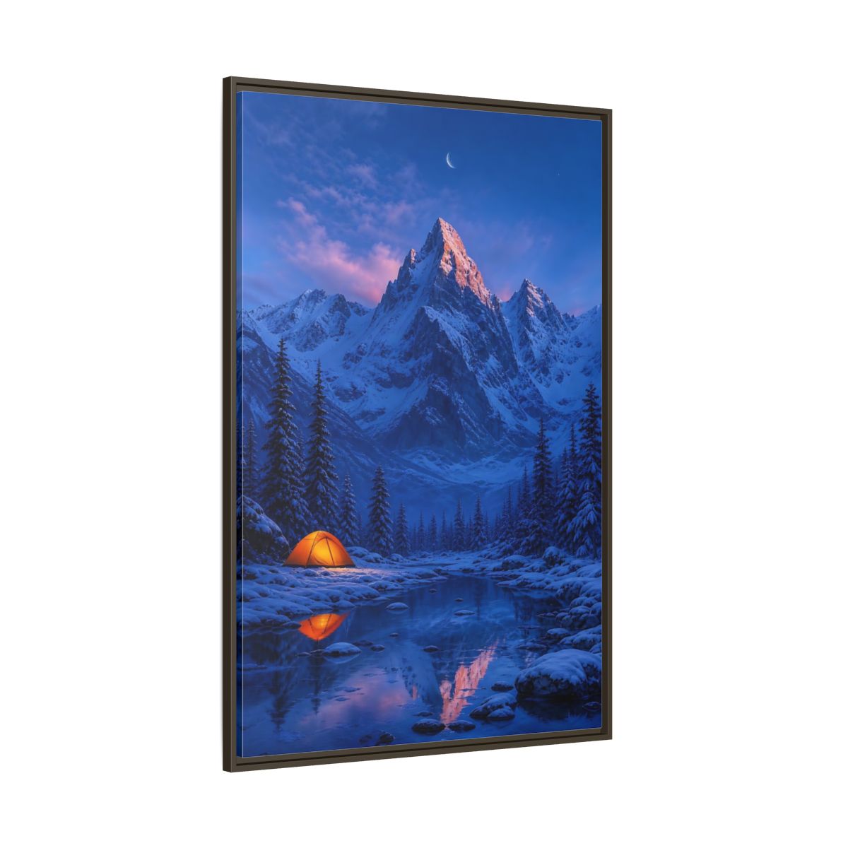 Side Mockup 8. Moonlit Mountain Camp shown as framed canvas print