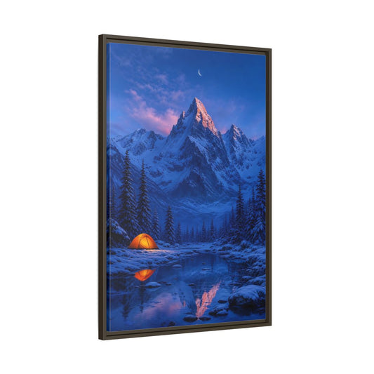 Main Mockup. Moonlit Mountain Camp shown as framed canvas print