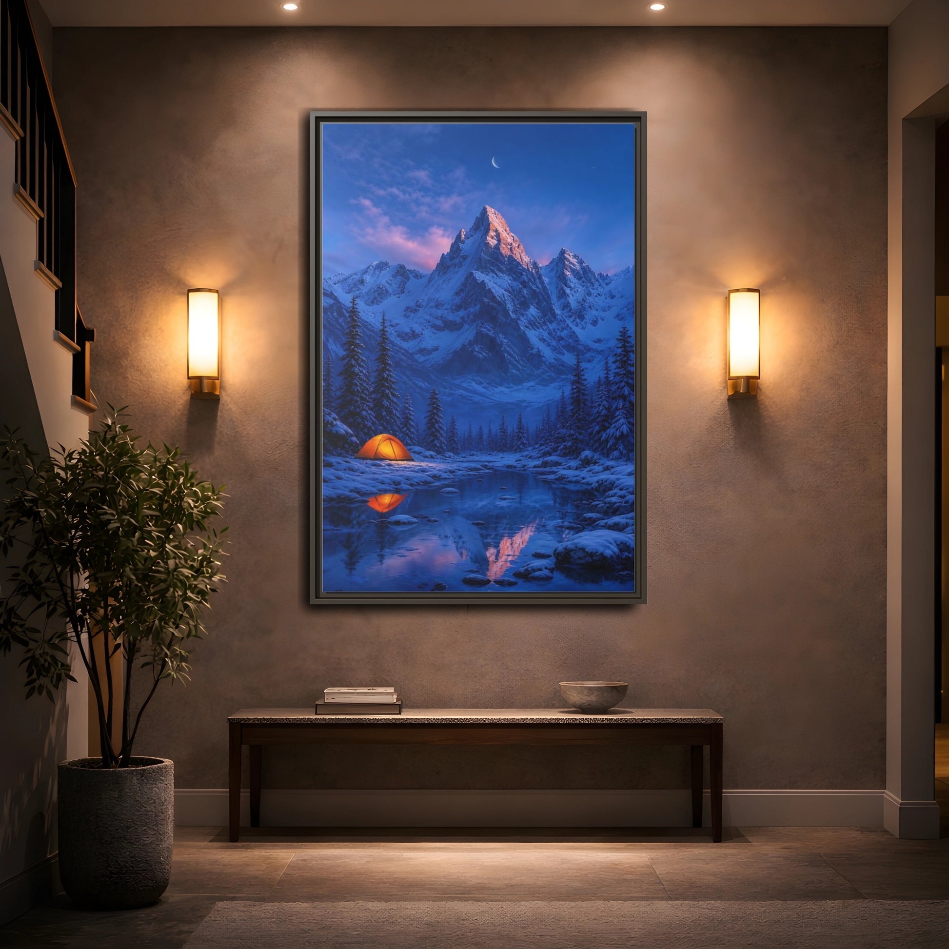 Mockup 2. Moonlit Mountain Camp shown as framed canvas print