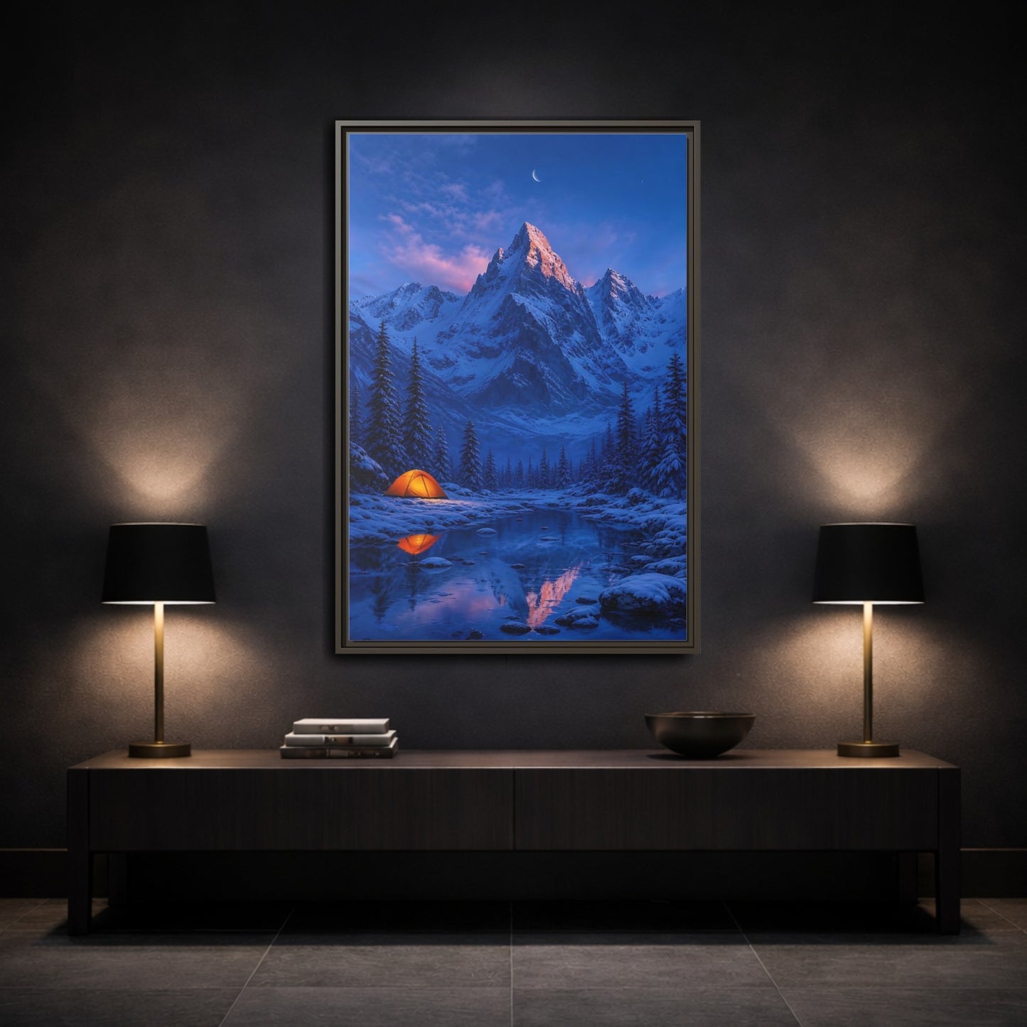 Mockup 3. Moonlit Mountain Camp shown as framed canvas print