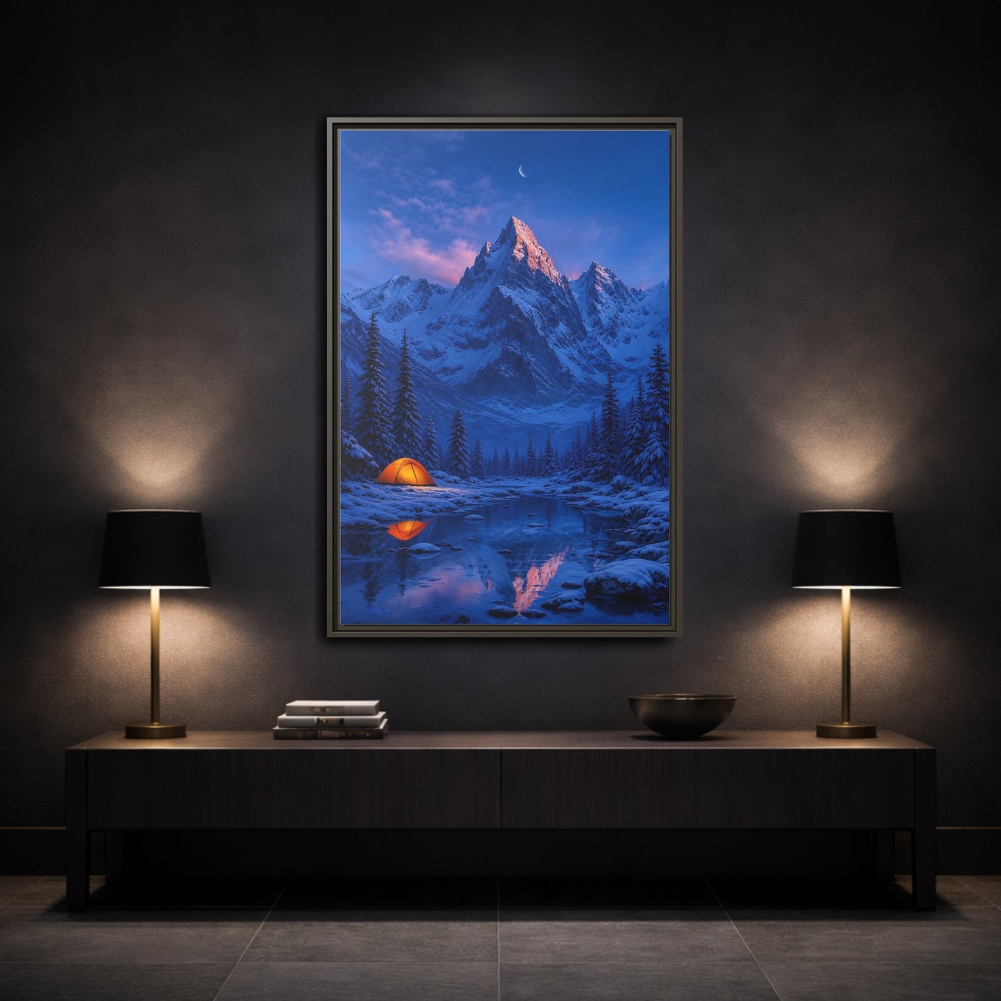 Mockup 3. Moonlit Mountain Camp shown as framed canvas print