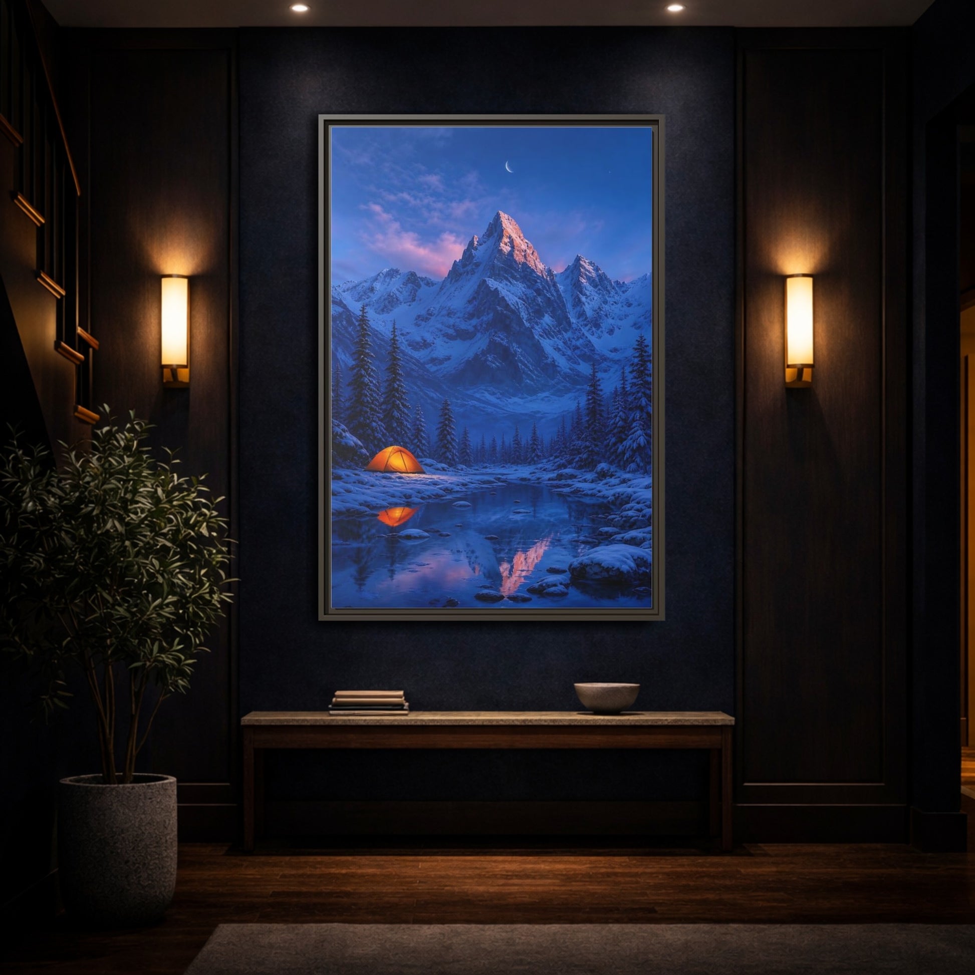 Mockup 4. Moonlit Mountain Camp shown as framed canvas print
