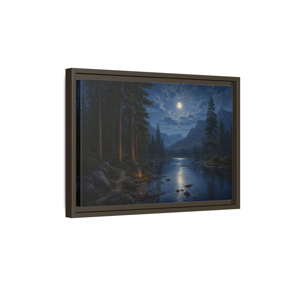 Side Mockup 5. Moonlit Mountain River shown as framed canvas print
