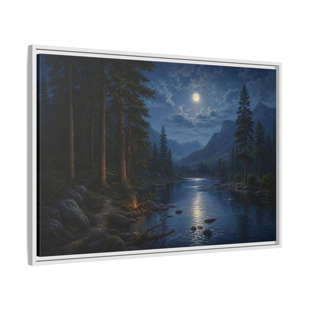 Side Mockup 9. Moonlit Mountain River shown as framed canvas print