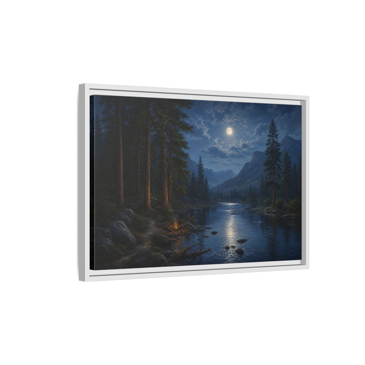 Side Mockup 1. Moonlit Mountain River shown as framed canvas print