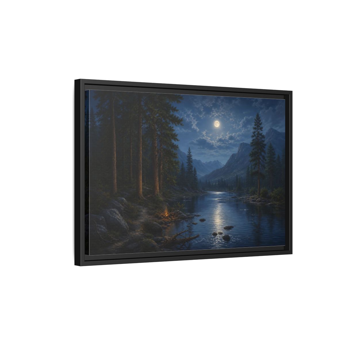 Side Mockup 3. Moonlit Mountain River shown as framed canvas print
