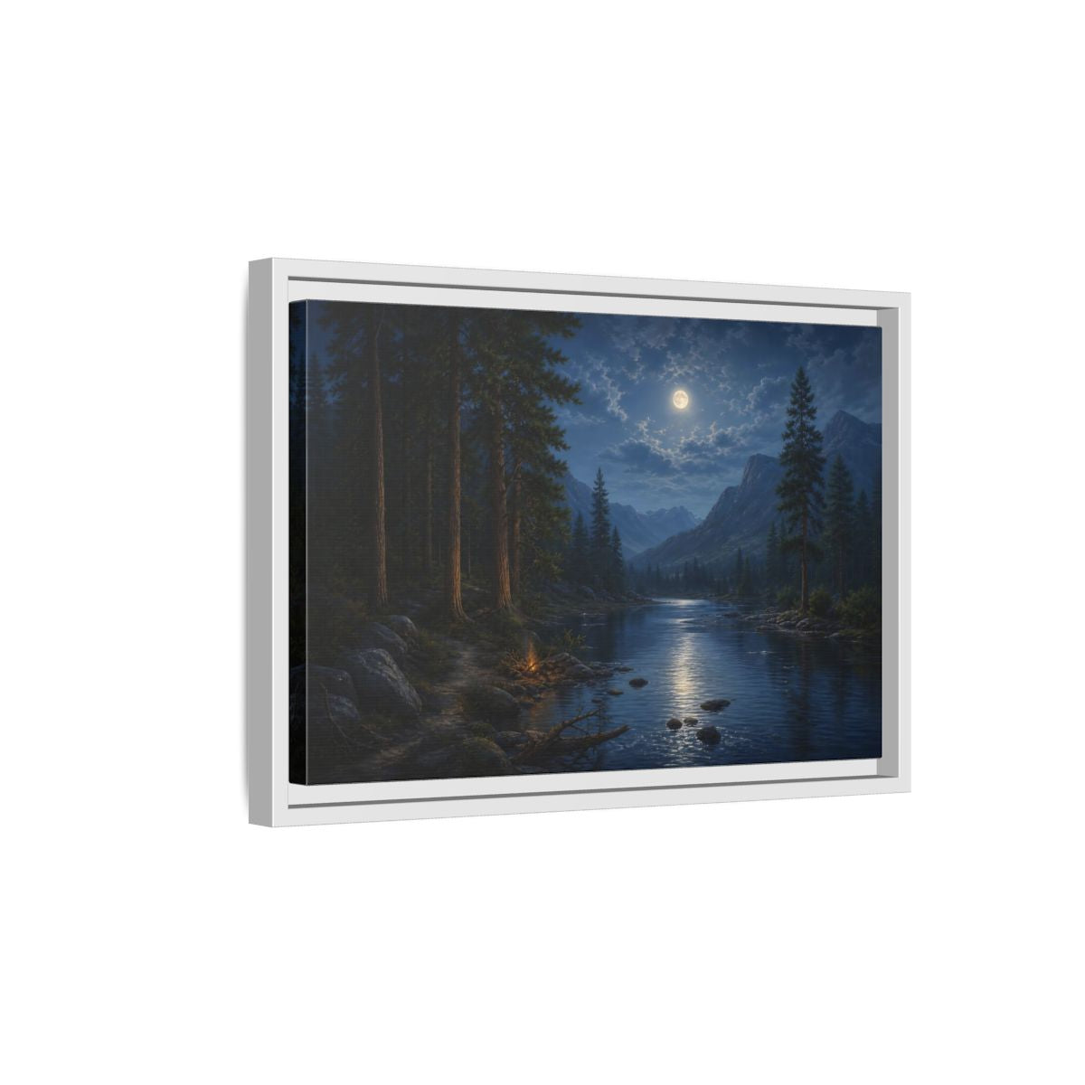Side Mockup 4. Moonlit Mountain River shown as framed canvas print