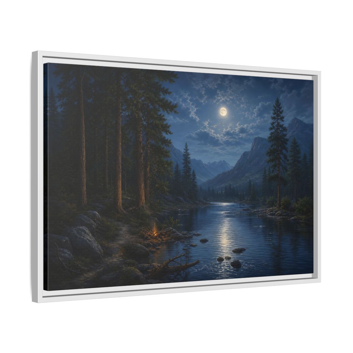 Side Mockup 10. Moonlit Mountain River shown as framed canvas print