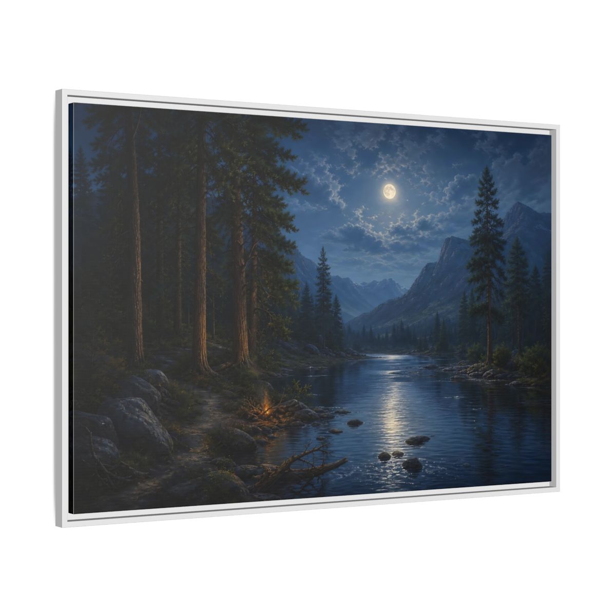 Side Mockup 7. Moonlit Mountain River shown as framed canvas print