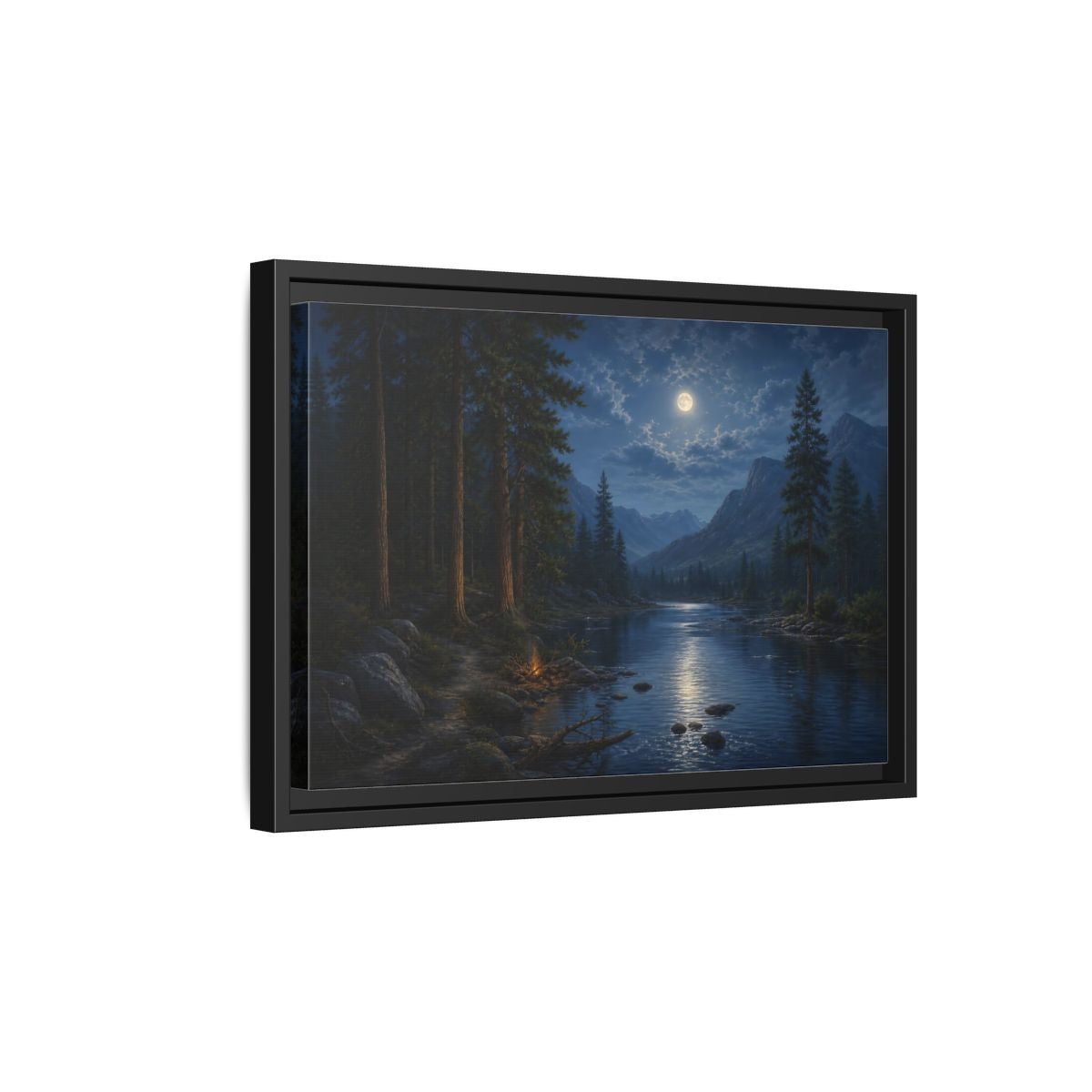 Side Mockup 6. Moonlit Mountain River shown as framed canvas print