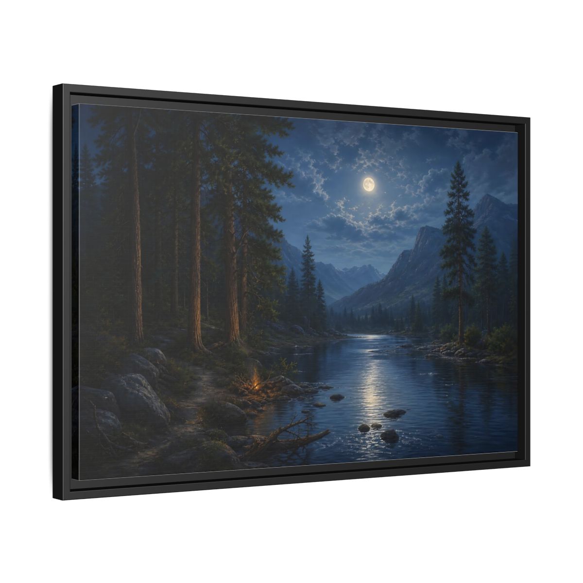 Side Mockup 14. Moonlit Mountain River shown as framed canvas print