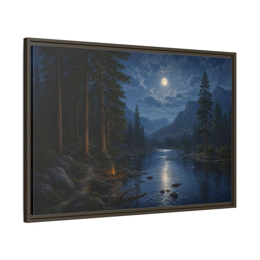 Main Mockup. Moonlit Mountain River shown as framed canvas print