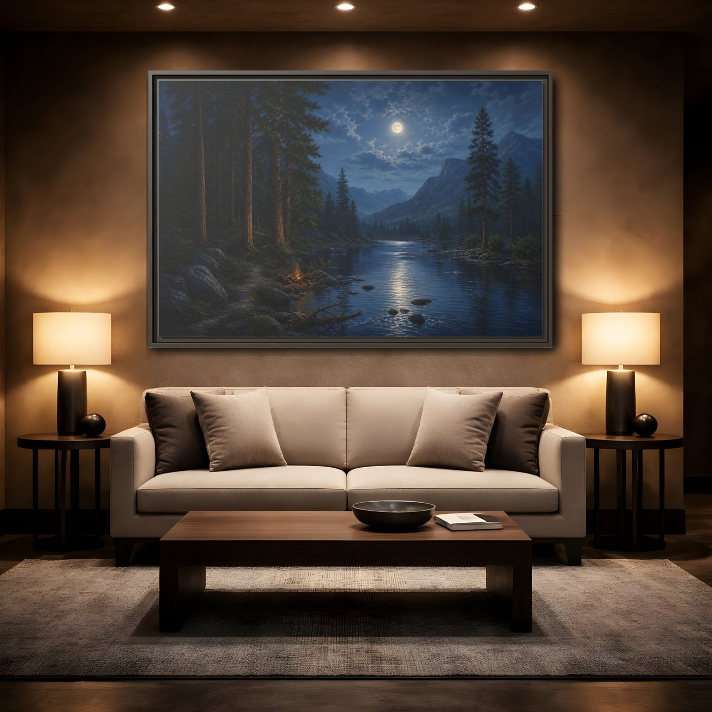 Mockup 2. Moonlit Mountain River shown as framed canvas print