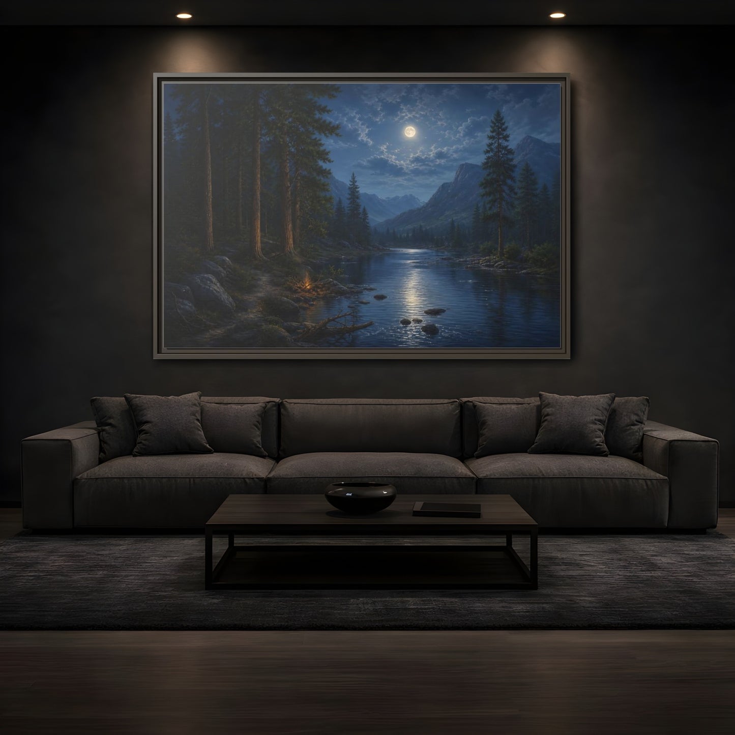 Mockup 3. Moonlit Mountain River shown as framed canvas print