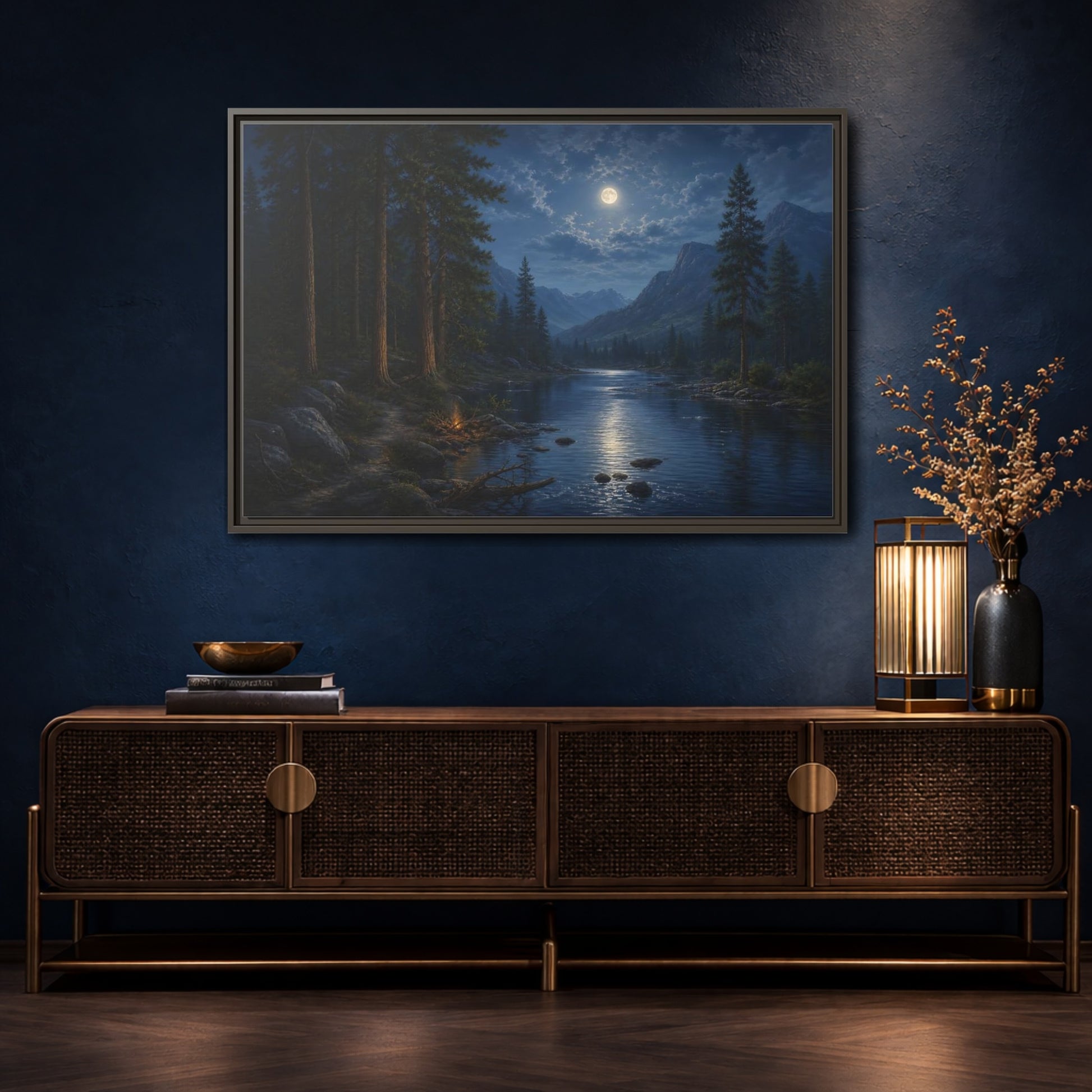 Mockup 4. Moonlit Mountain River shown as framed canvas print