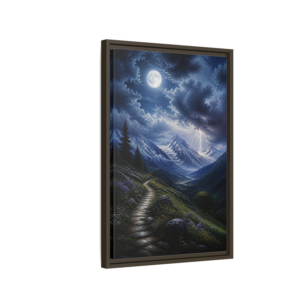 Side Mockup 2. Moonlit Mountain Trail shown as framed canvas print