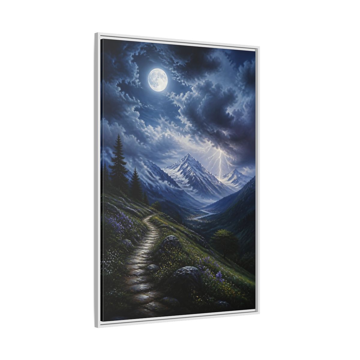 Side Mockup 7. Moonlit Mountain Trail shown as framed canvas print