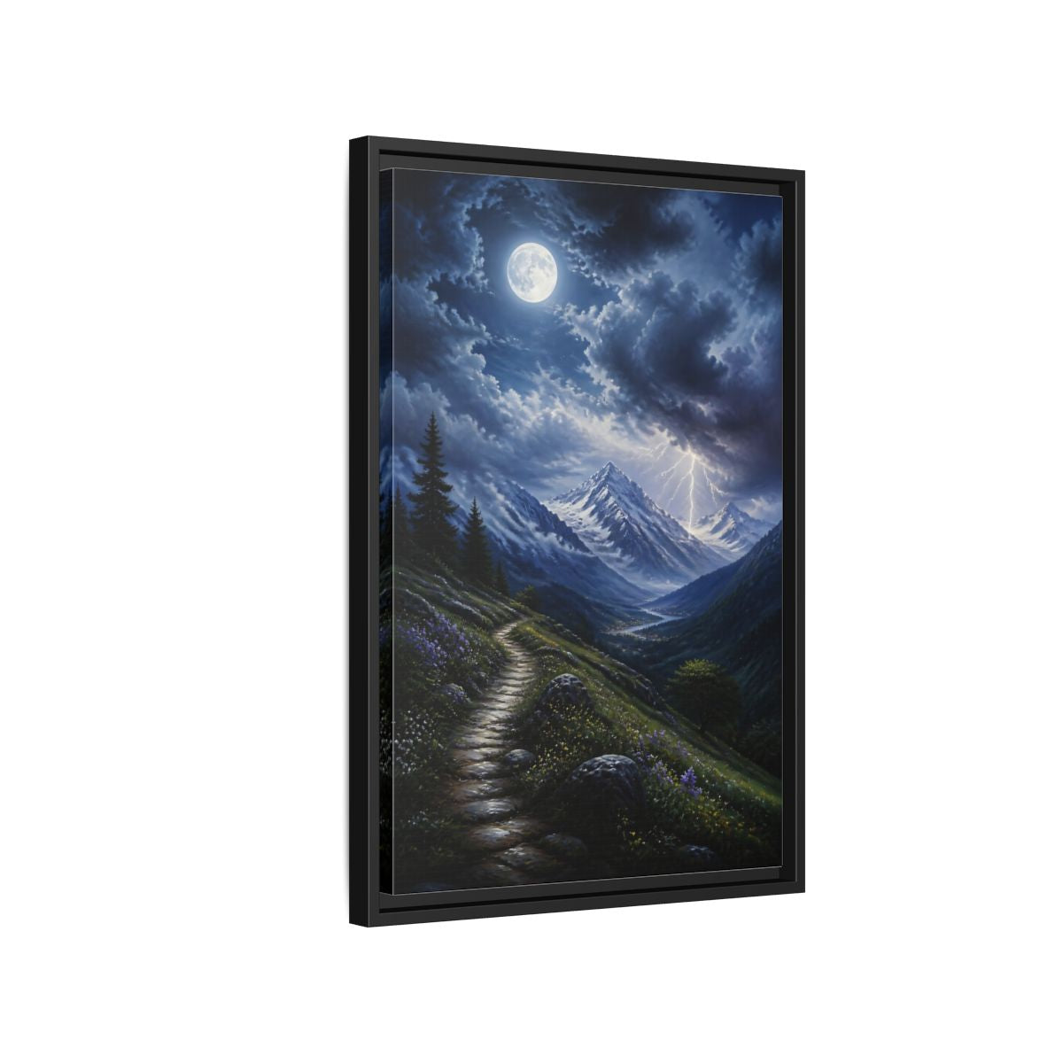 Side Mockup 3. Moonlit Mountain Trail shown as framed canvas print