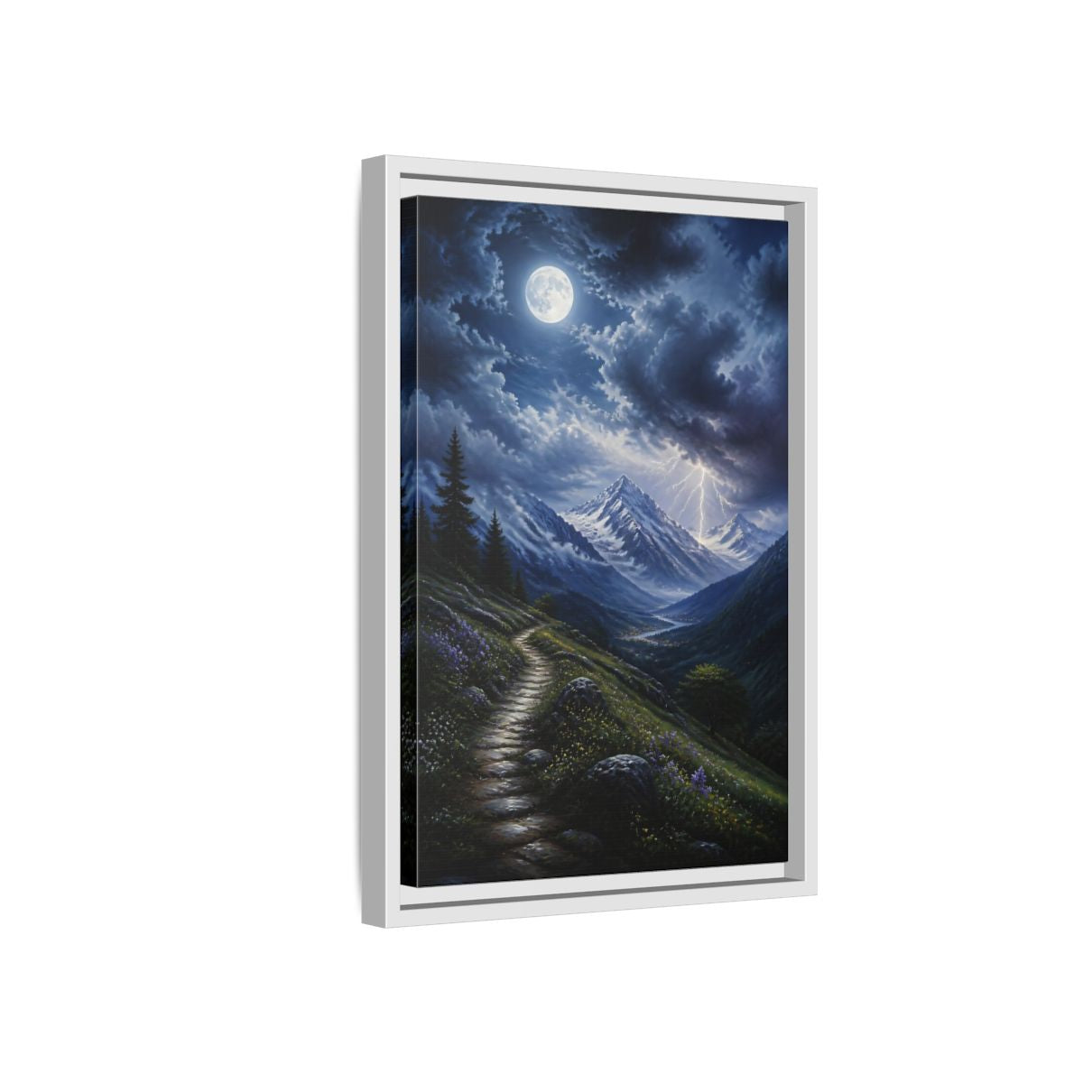 Side Mockup 4. Moonlit Mountain Trail shown as framed canvas print