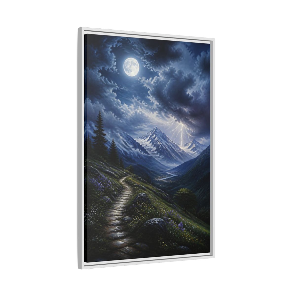 Side Mockup 9. Moonlit Mountain Trail shown as framed canvas print