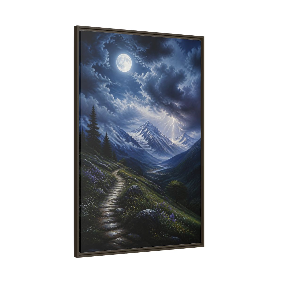 Side Mockup 8. Moonlit Mountain Trail shown as framed canvas print