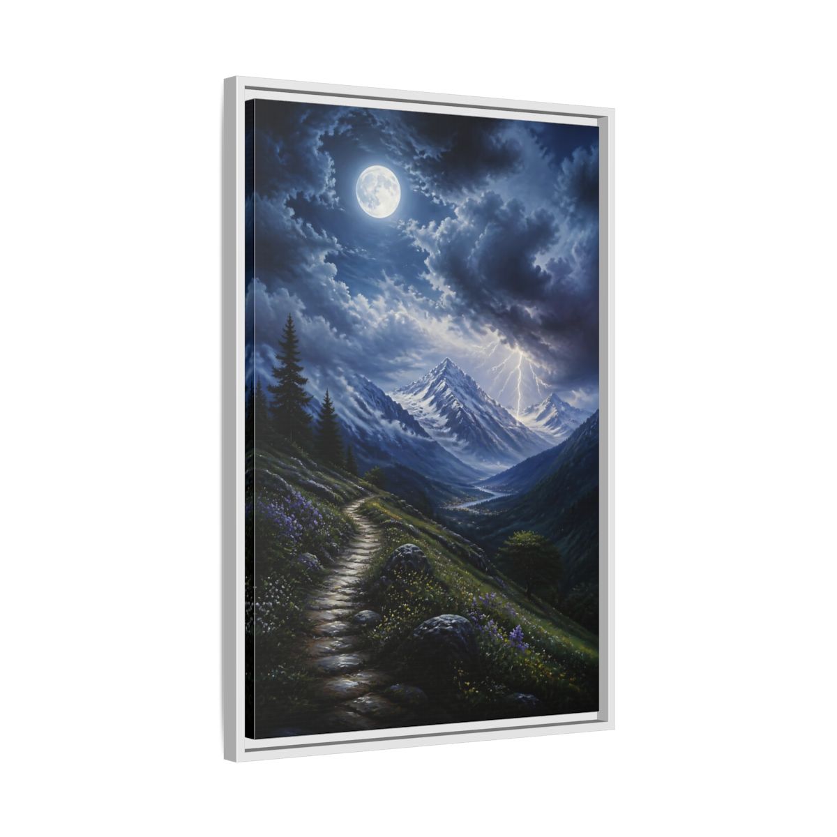 Side Mockup 10. Moonlit Mountain Trail shown as framed canvas print
