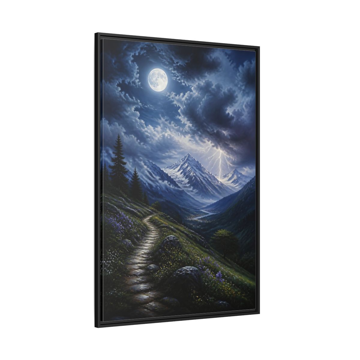 Side Mockup 12. Moonlit Mountain Trail shown as framed canvas print
