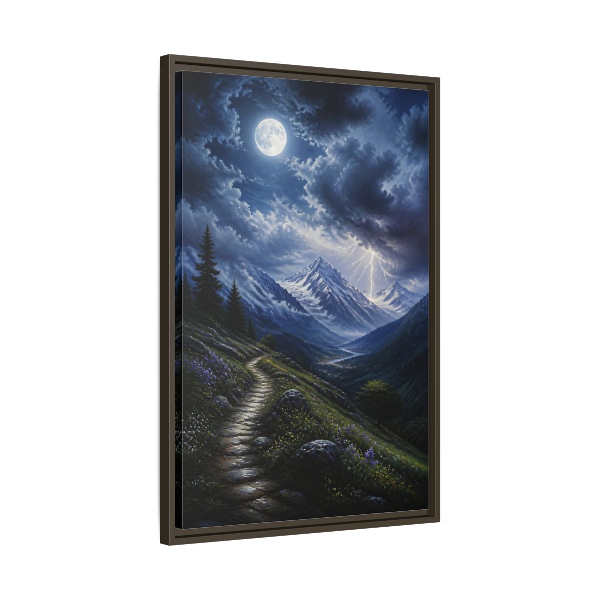 Side Mockup 11. Moonlit Mountain Trail shown as framed canvas print