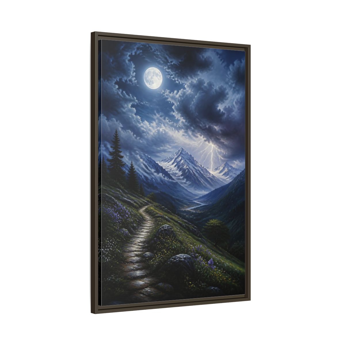 Main Mockup. Moonlit Mountain Trail shown as framed canvas print