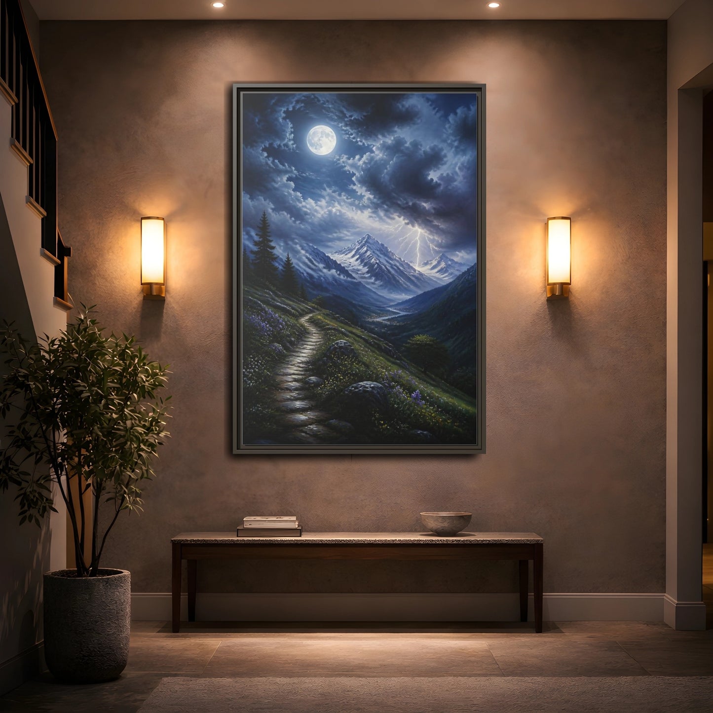 Mockup 2. Moonlit Mountain Trail shown as framed canvas print