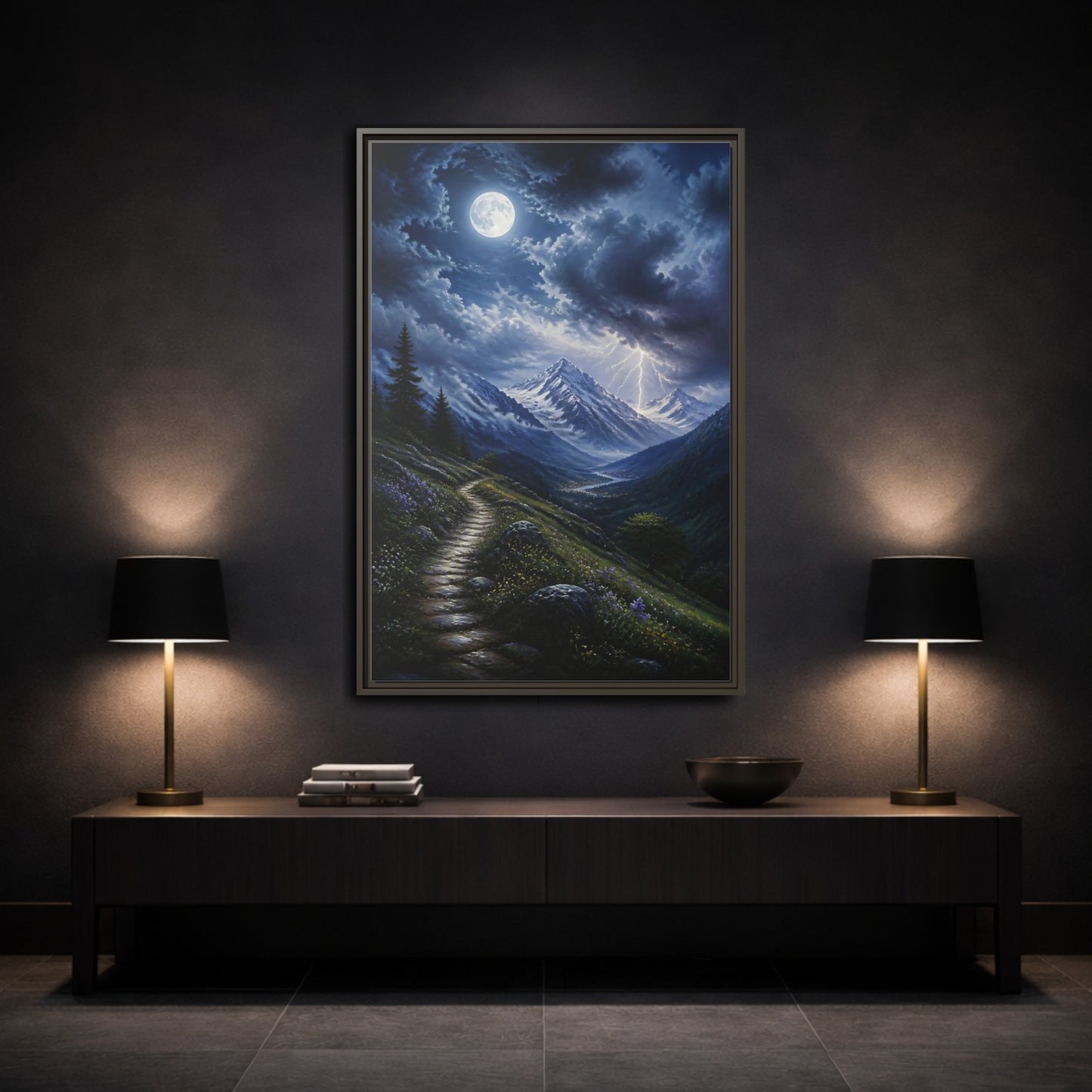 Mockup 3. Moonlit Mountain Trail shown as framed canvas print