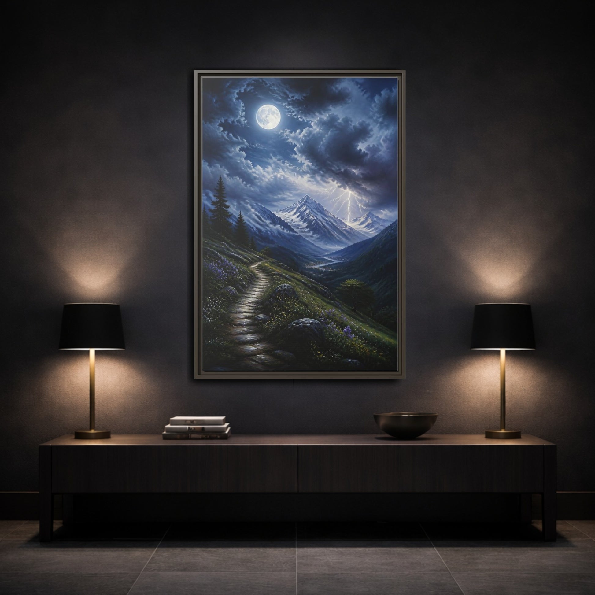 Mockup 3. Moonlit Mountain Trail shown as framed canvas print