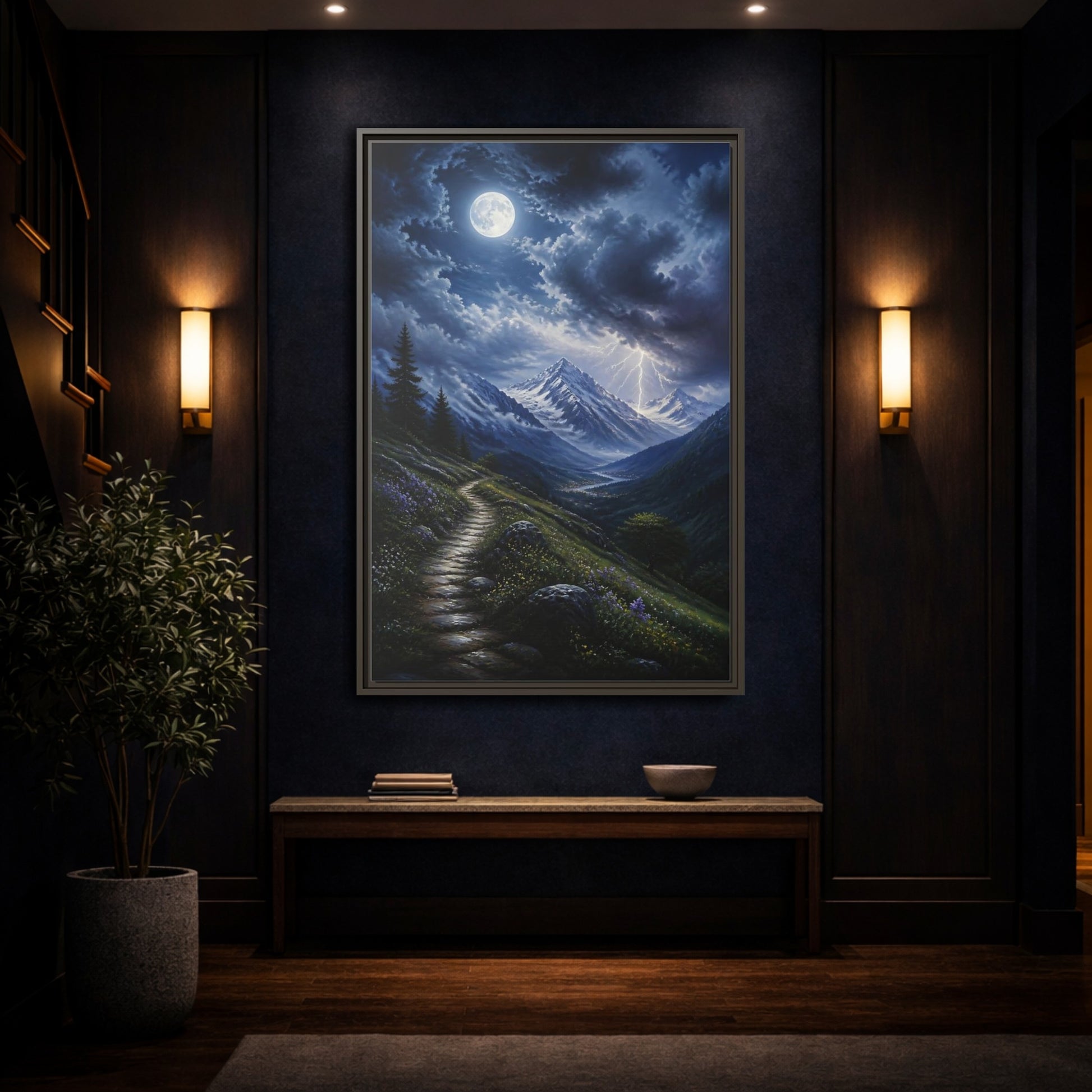 Mockup 4. Moonlit Mountain Trail shown as framed canvas print