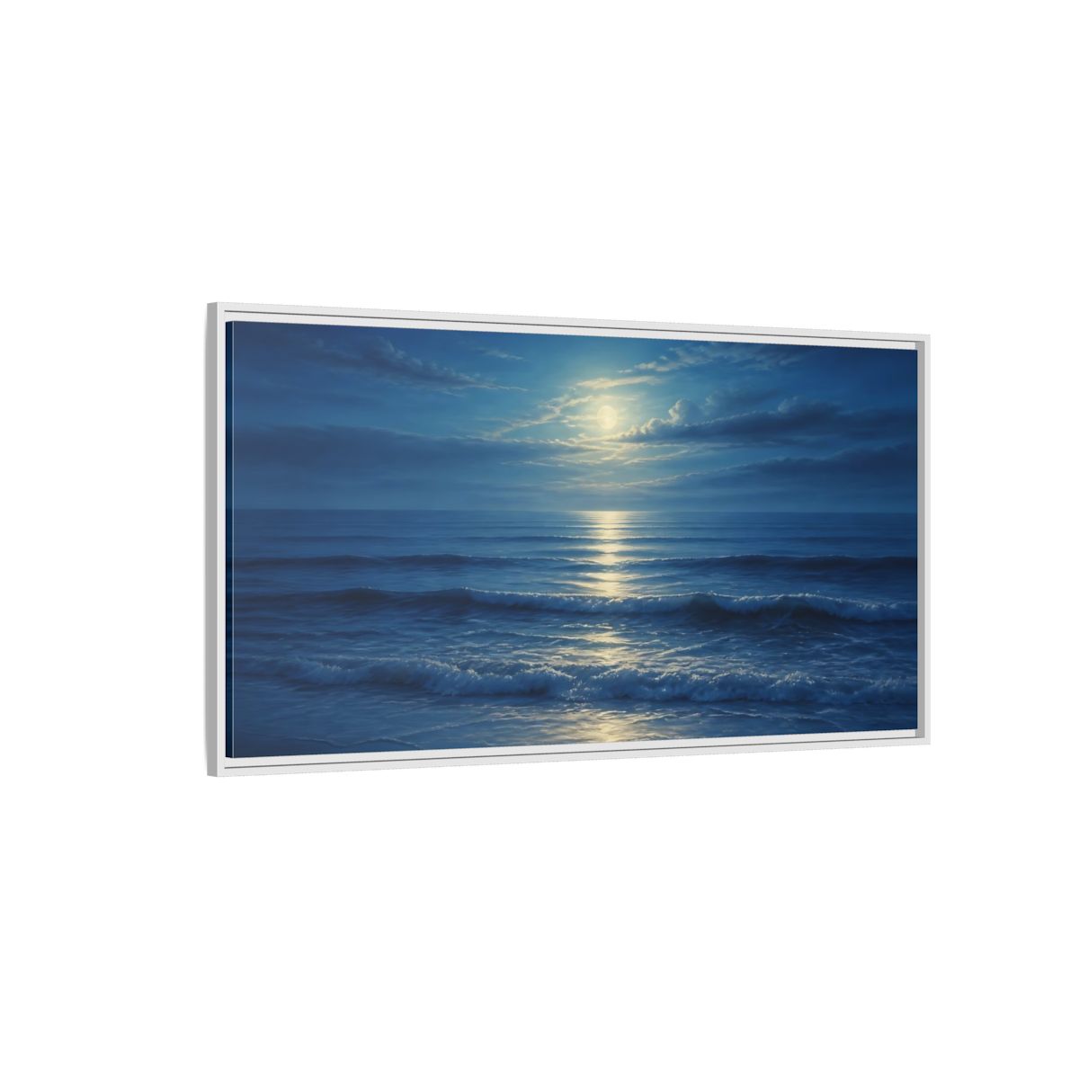 Side Mockup 3. Moonlit Ocean Reflections shown as framed canvas print