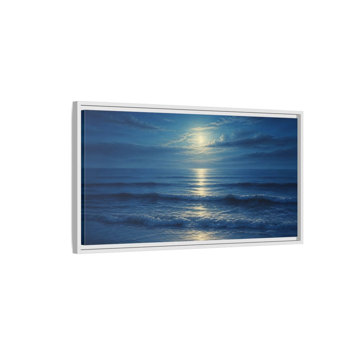 Side Mockup 1. Moonlit Ocean Reflections shown as framed canvas print