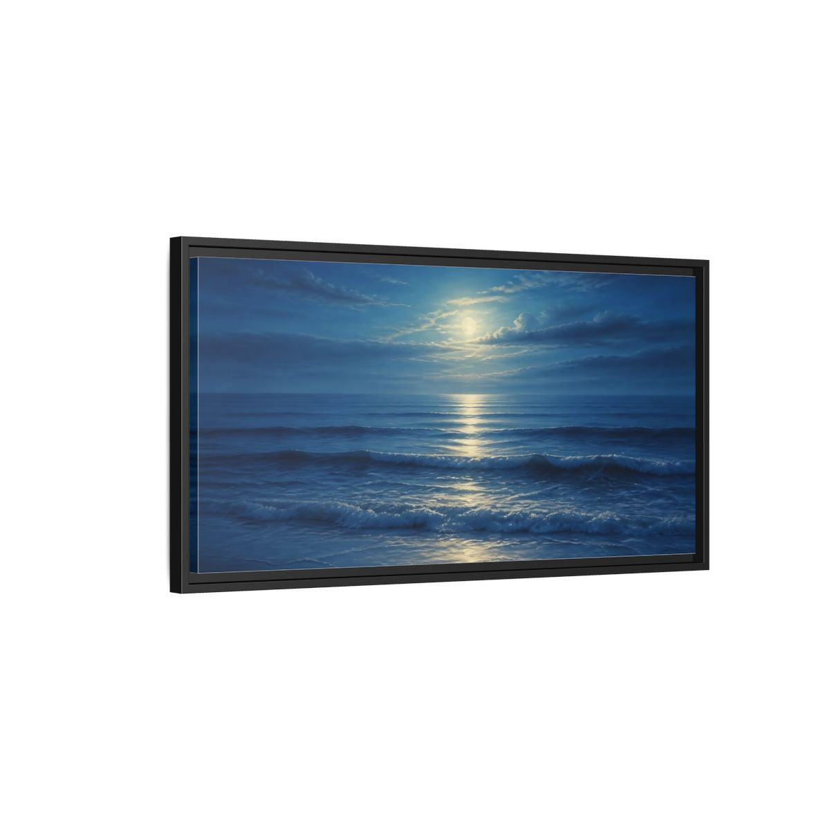 Side Mockup 2. Moonlit Ocean Reflections shown as framed canvas print
