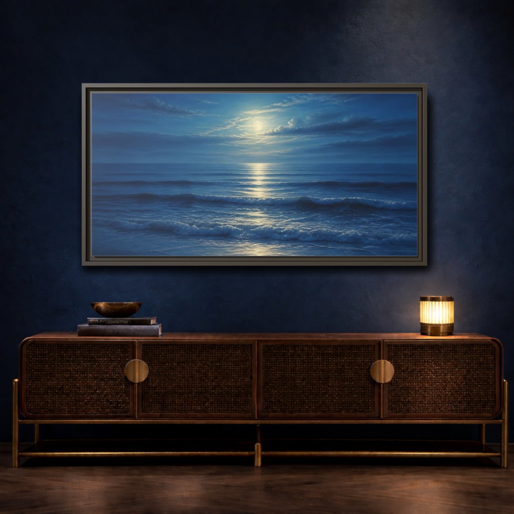 Mockup 4. Moonlit Ocean Reflections shown as framed canvas print