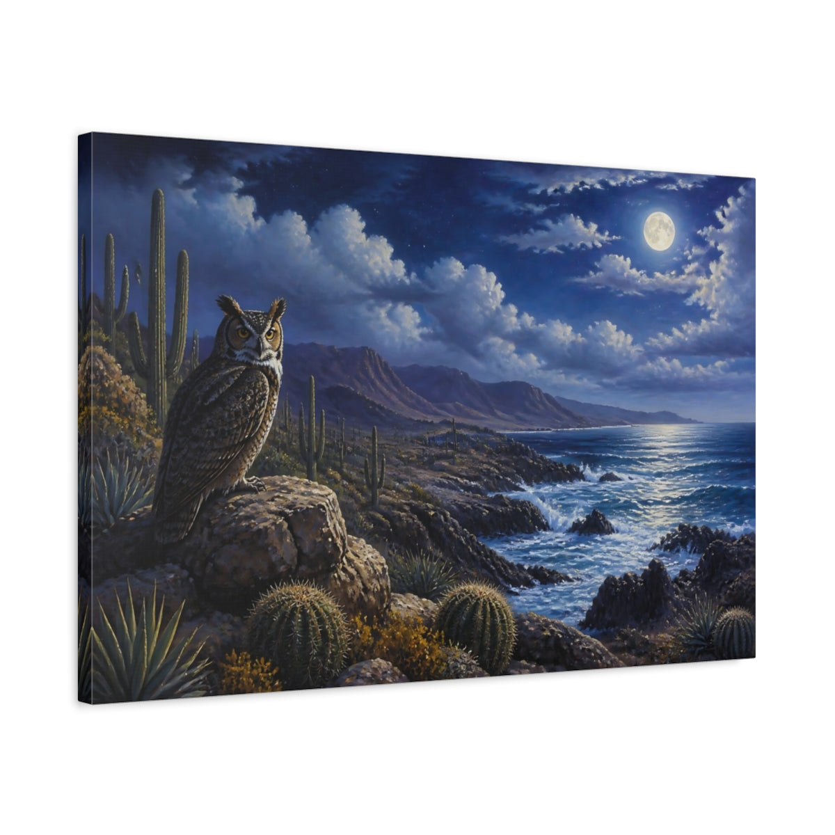 Side Mockup 2. Moonlit Owl Coastal Landscape shown as canvas print