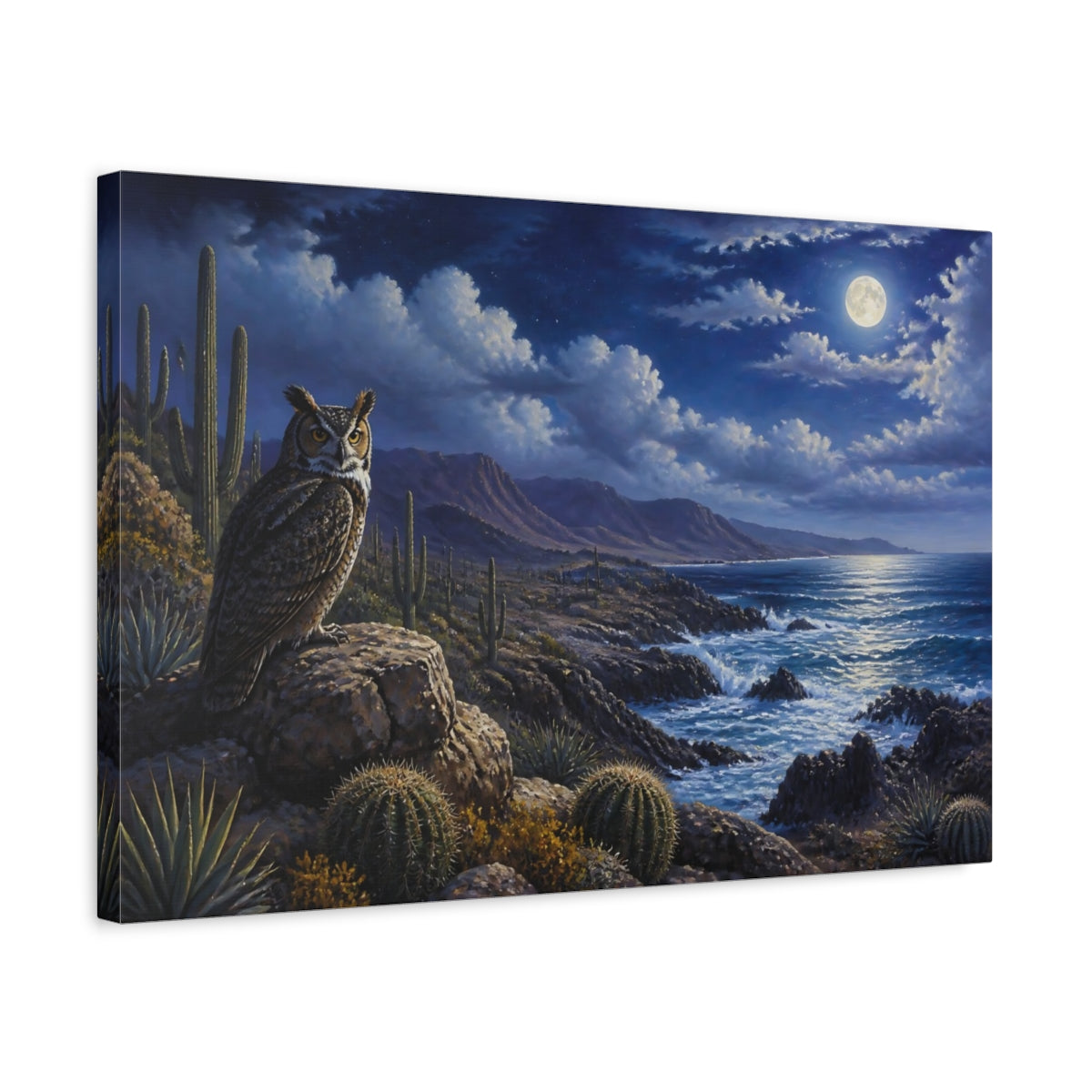 Side Mockup 3. Moonlit Owl Coastal Landscape shown as canvas print