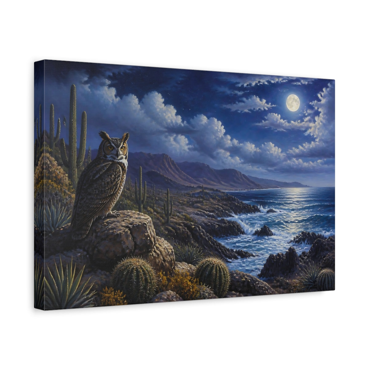 Side Mockup 4. Moonlit Owl Coastal Landscape shown as canvas print